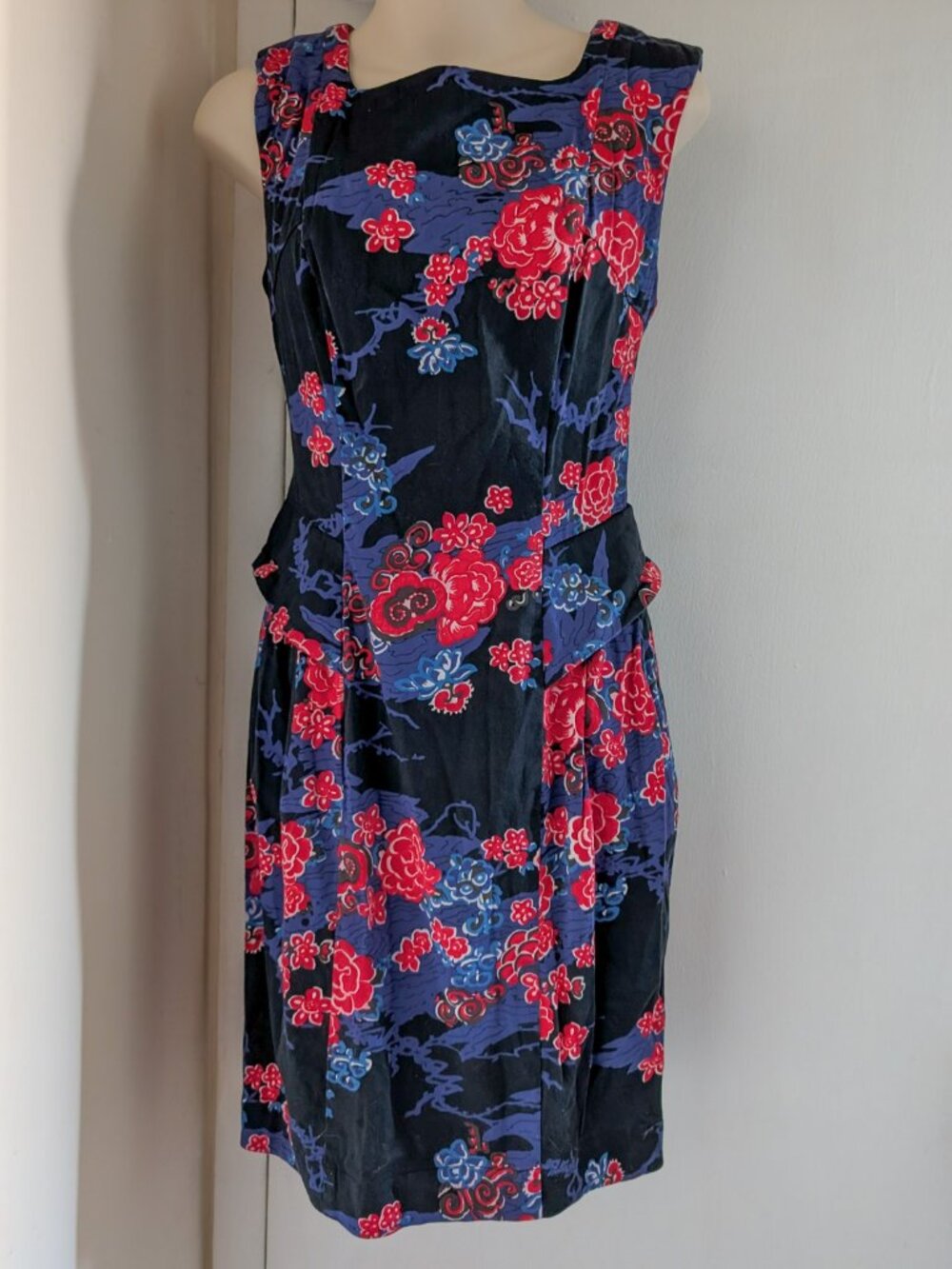 French Connection Cotton Peplum Midi Dress – Modern Floral Print, Size 6